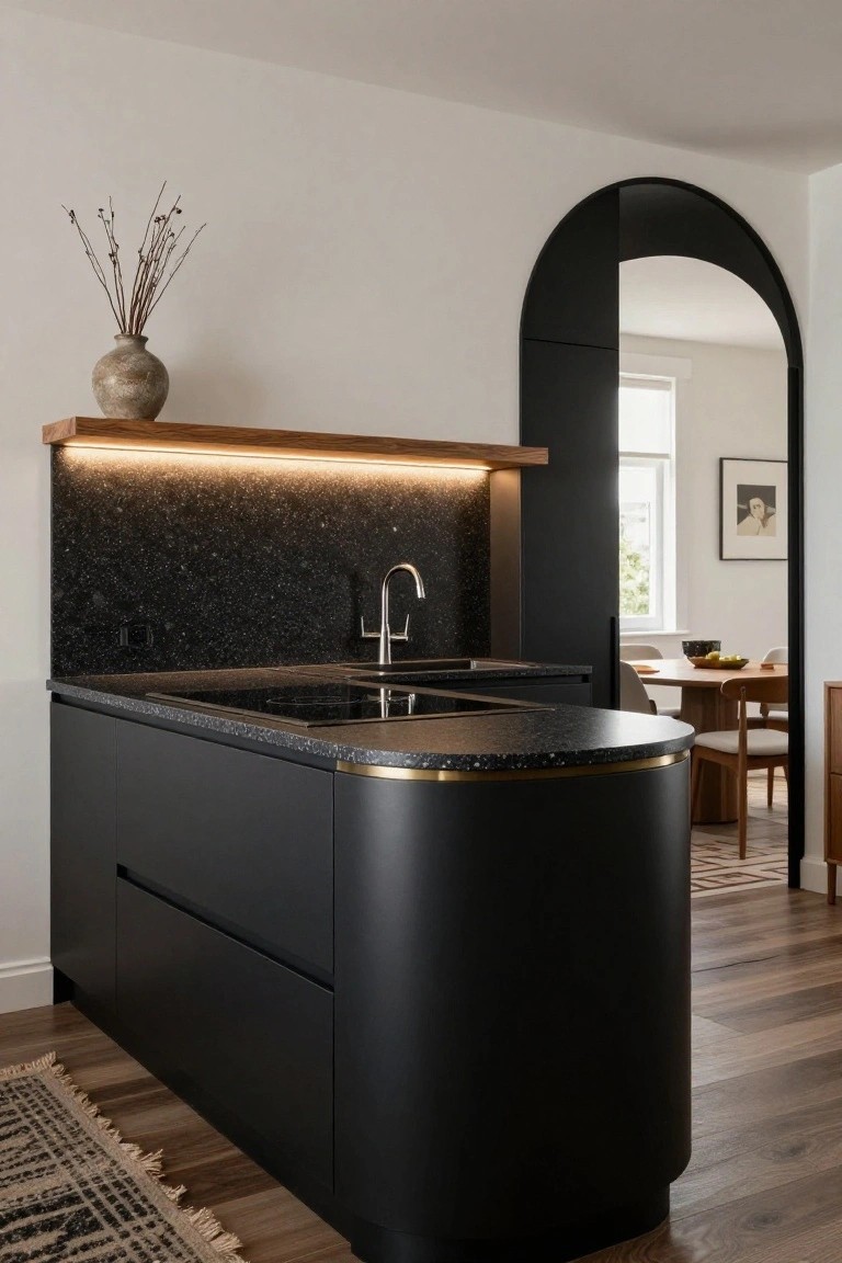 Modern kitchen with matte black curved island topped by black sparkly granite and gold trim, black cabinets, sparkly black backsplash, oak shelf with vase, and arched black door to dining area with round wood table.