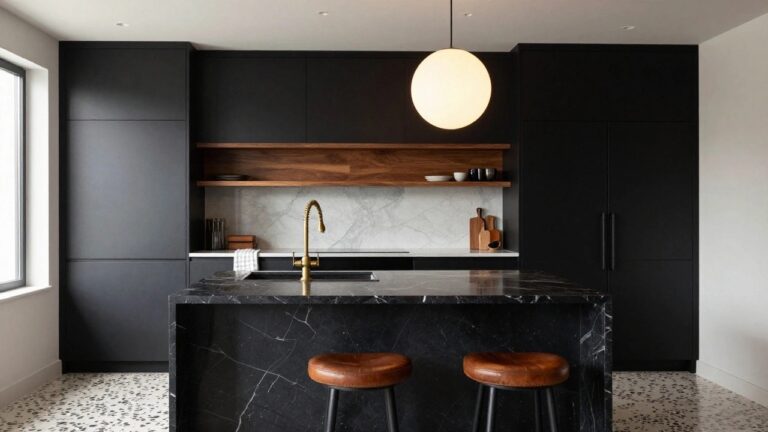 Kitchen interior with black cabinets, white farmhouse sink, black marble-topped island, brass faucet, wood open shelves, and brown leather bar stools on a terrazzo floor.