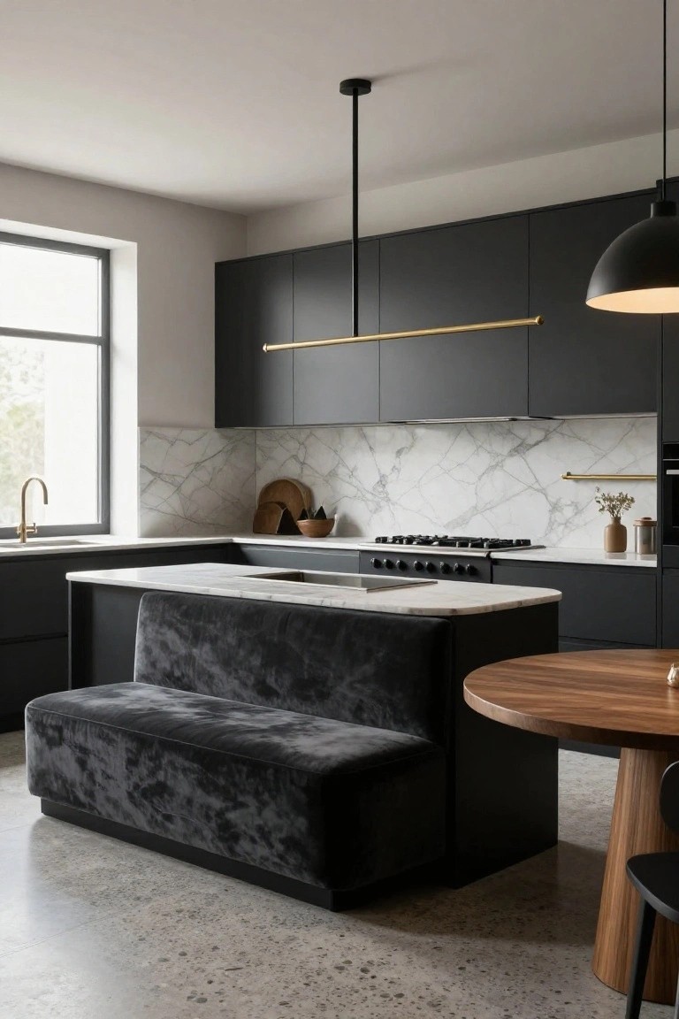 Modern kitchen with matte black cabinets, white marble counters and backsplash, gas range, and black velvet banquette built into one side of the central island next to a round wooden table on a polished concrete floor.