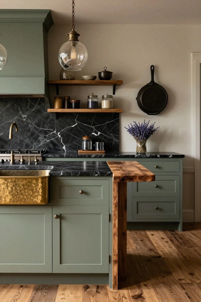 Kitchen interior with sage green cabinets, black marble countertops and backsplash with white veining, hammered copper farmhouse sink, wooden live-edge island extension, and brass pendant light.