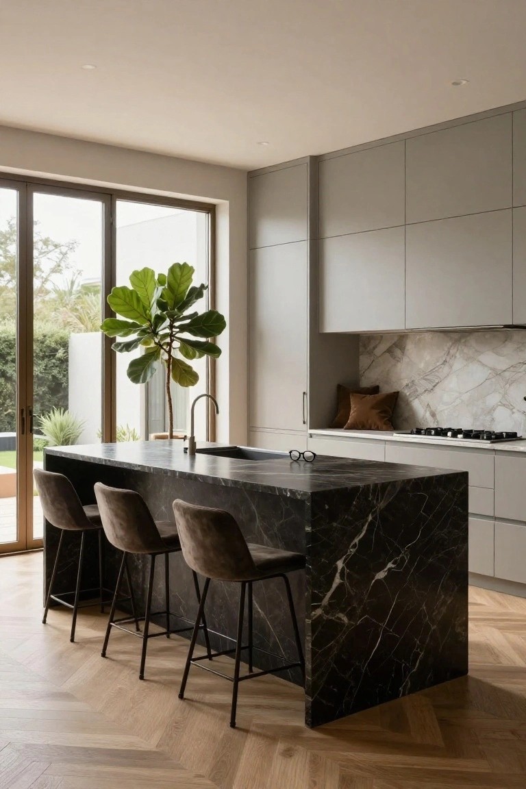 Modern kitchen with light grey flat-panel cabinets, large island topped and sided in black marble with symmetrical white veining, four black metal stools with brown velvet seats, and a fiddle leaf fig plant near glass sliding doors to backyard greenery.
