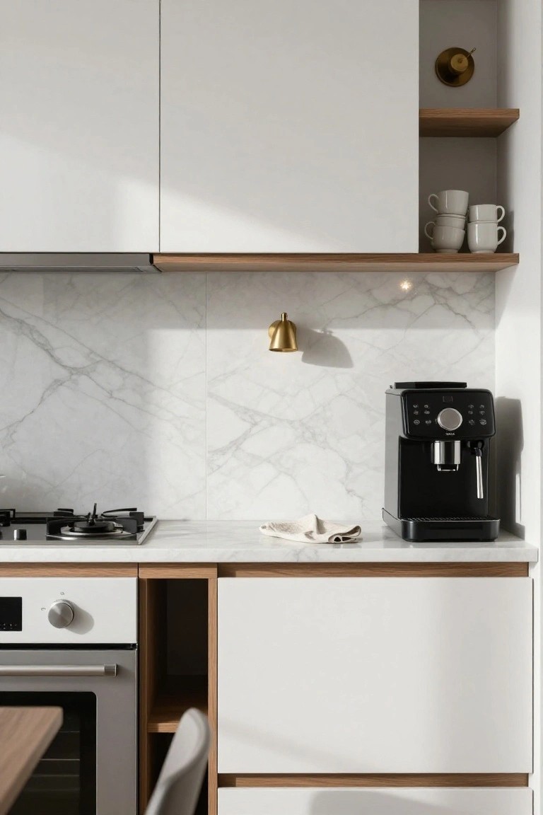 White modern kitchen with bookmatched white marble backsplash, gas cooktop, black espresso machine on marble countertop, white cabinets with oak trim, and built-in oven.