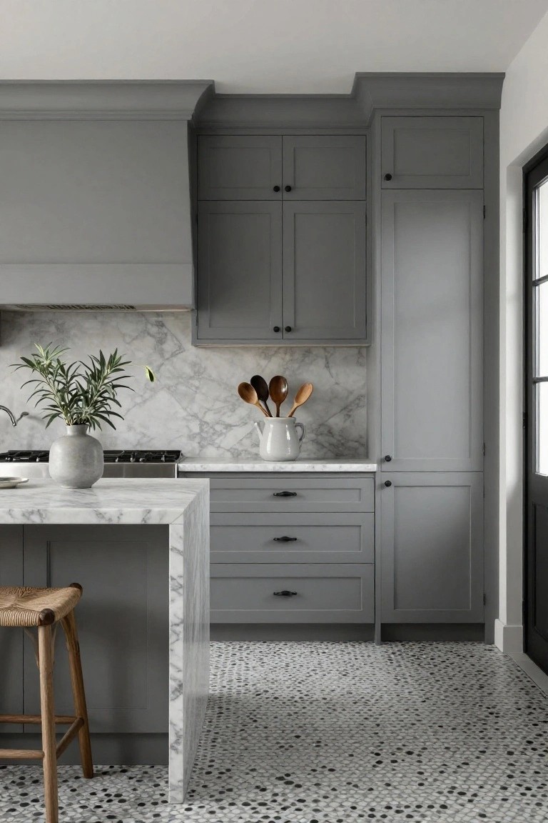 Gray kitchen with bookmatched white marble backsplash behind gas range, matching marble island, gray cabinets, wooden utensils in white pitcher, potted plant on counter, rattan stool, and black-and-white pebble tile floor.