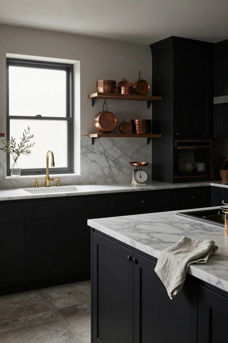 Kitchen interior with black cabinets, bookmatched white marble countertops and backsplash, brass gooseneck faucet, copper pots on wooden wall shelves, and a scale on the counter.