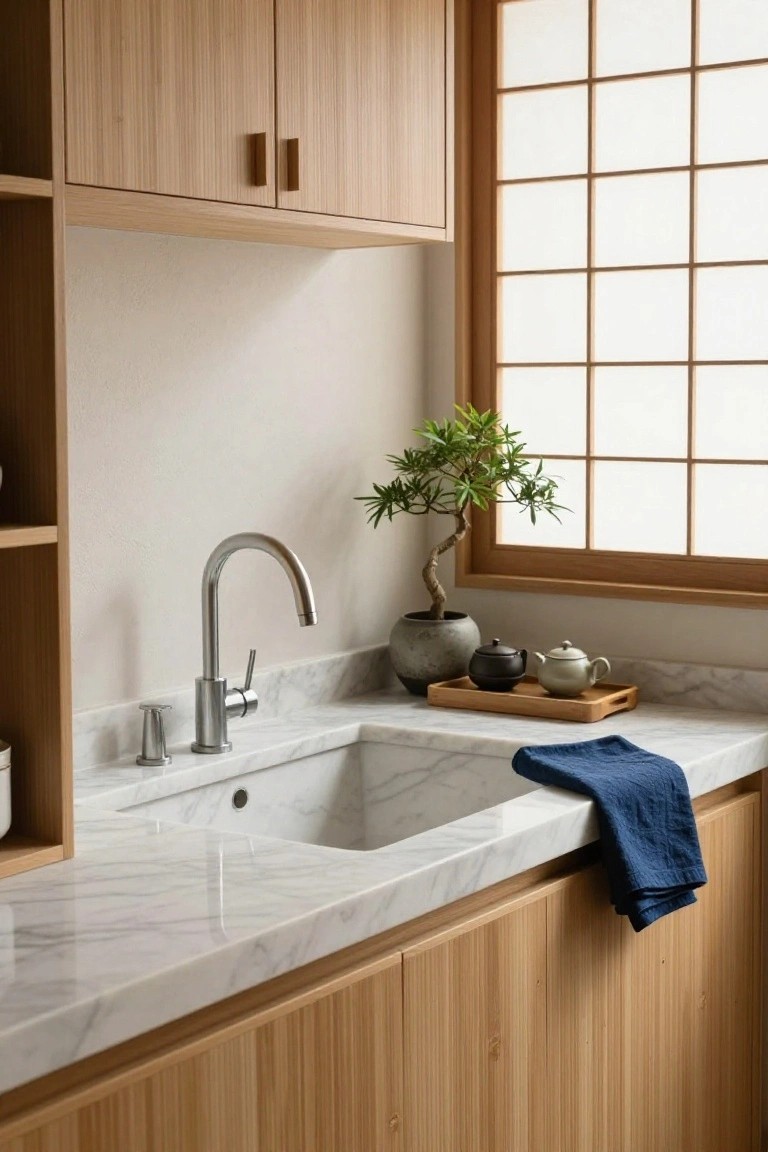 Kitchen sink area with white bookmatched marble countertop and undermount sink, chrome gooseneck faucet, light wood cabinets and open shelving, bonsai tree in gray pot, wooden tray with teapots, blue towel draped over cabinet edge, shoji-style window.