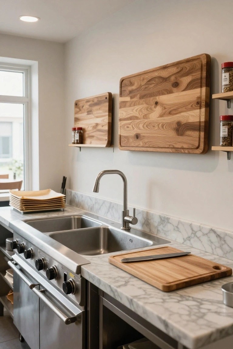 Kitchen counter with bookmatched white marble countertop and backsplash around a double stainless steel sink, stainless steel range, wooden cutting boards on walls and counter, spice jars on shelves, and stacked paper plates nearby.