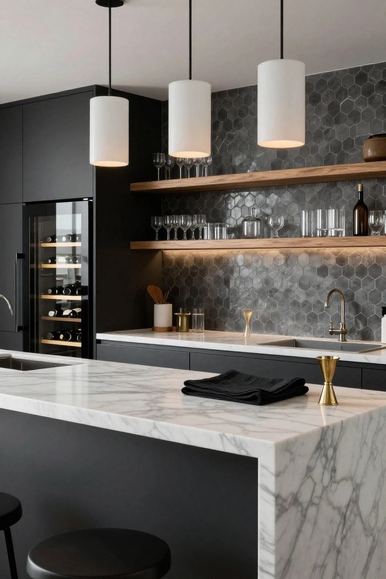 Modern kitchen interior with dark cabinets, hexagonal black tile backsplash, wooden open shelves with glassware, integrated wine fridge, white cylinder pendant lights, and white veined marble island countertop with black stools.
