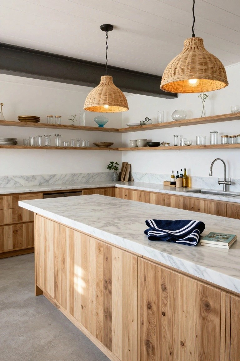 Kitchen with light oak cabinets, white veined marble countertops and island, rattan pendant lights overhead, open wooden shelves with dishes and glassware, sink area, and a navy towel with book on the island.