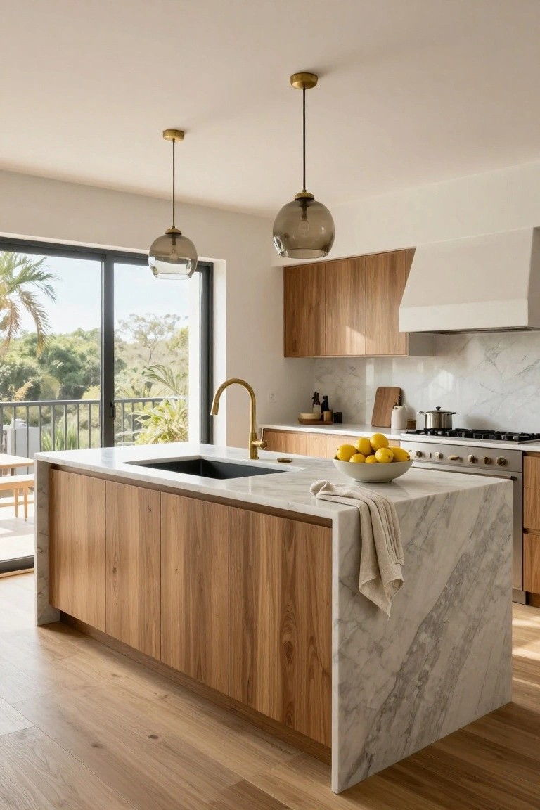 Kitchen with wooden cabinets, white veined marble island featuring waterfall edges, gold faucet, pendant lights over the island, and large windows showing palm trees and greenery outside.