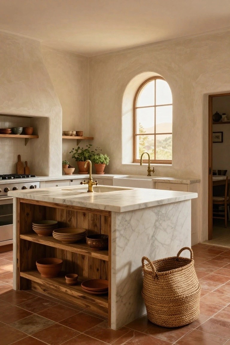 Rustic kitchen with marble island, brass faucet, arched window, and woven basket.