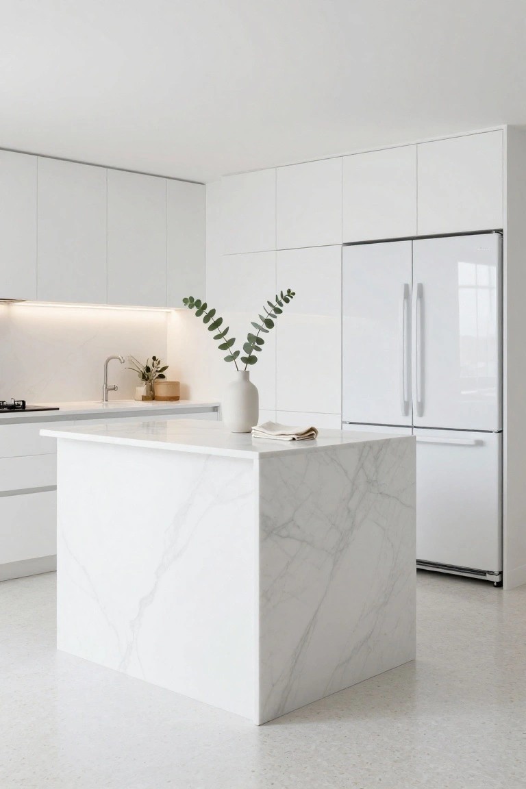 Modern white kitchen with bookmatched white marble island, white cabinets, integrated cooktop, and large white refrigerator against a window.