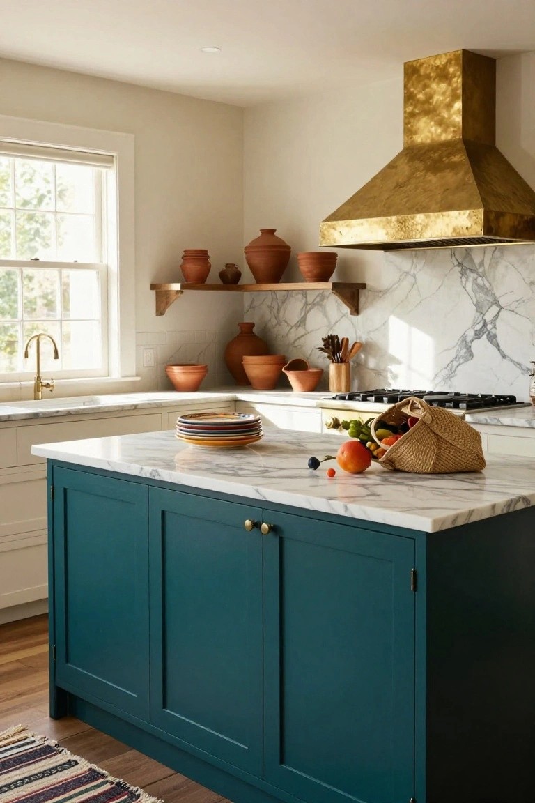 Kitchen corner with teal island topped in white veined marble, matching marble backsplash, gold range hood, terracotta pottery on shelves, and woven basket of produce on the counter.