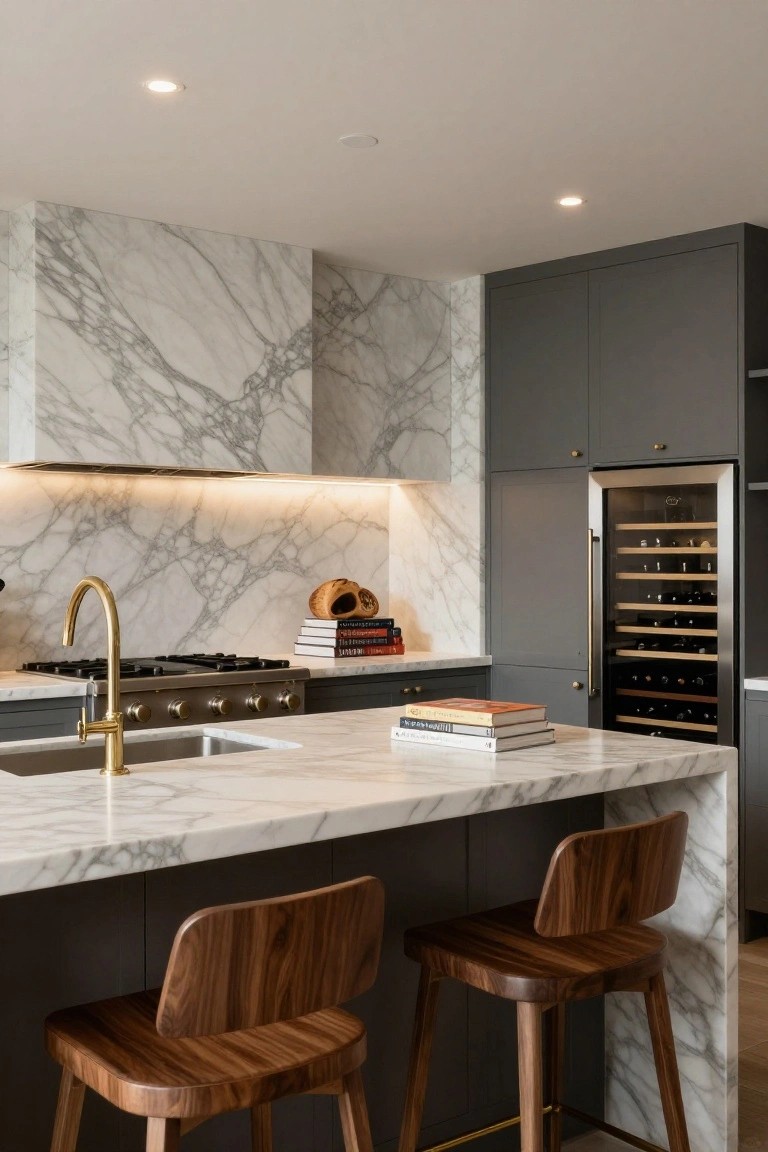 Modern kitchen with white marble island featuring continuous veining down waterfall edges, dark gray cabinets, wood bar stools, gold faucet, gas range, and glass-front wine cooler.