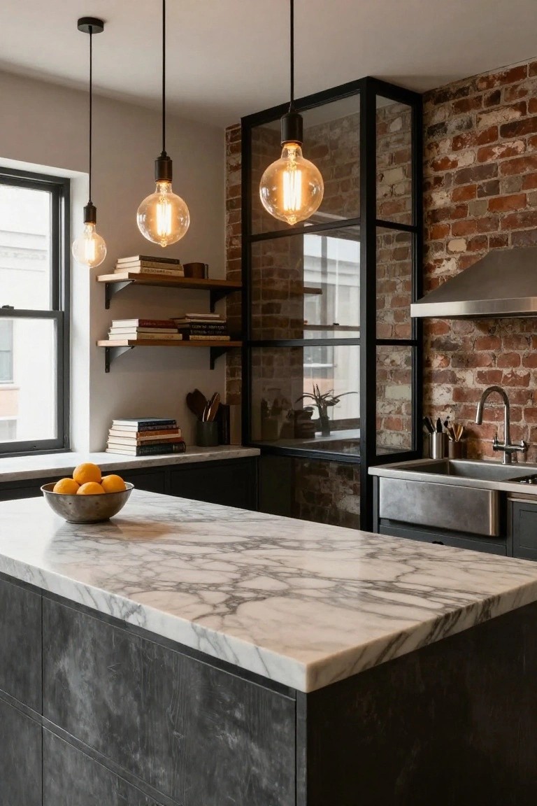 Modern kitchen with dark island topped by bookmatched white veined marble, exposed brick walls, black metal framed glass cabinets, stainless sink, and hanging Edison bulb lights.