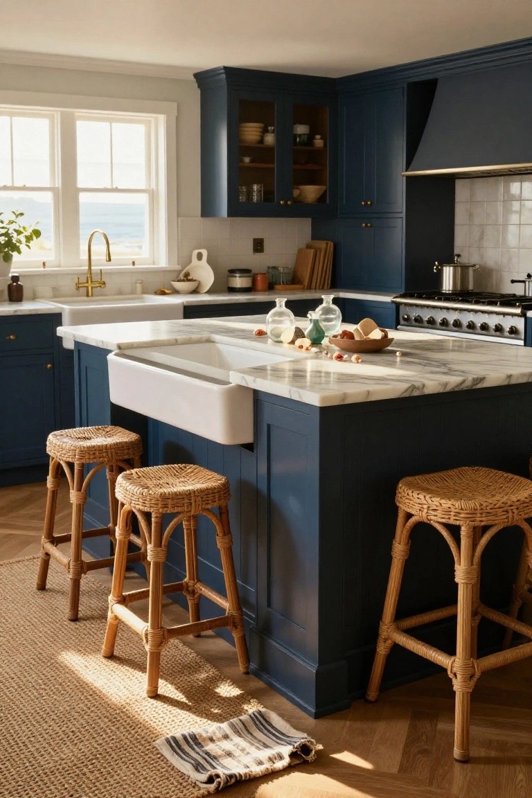 Kitchen interior with navy cabinets, white farmhouse sink, bookmatched white marble island countertop with gray veining, rattan barstools, and ocean view through nearby windows.