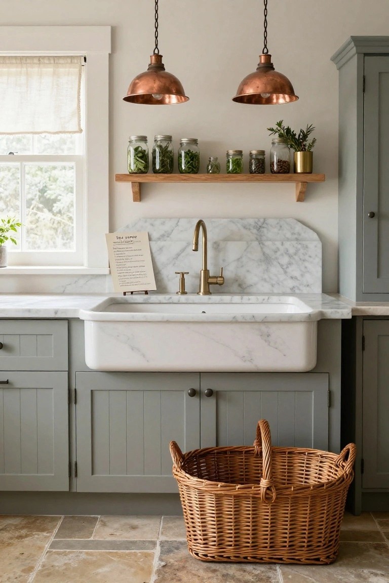 Kitchen with sage green shaker cabinets, white apron-front sink, curved white marble backsplash with symmetrical veining, brass faucet, copper pendant lights, wooden shelf holding glass jars of herbs, and a wicker basket on the floor.