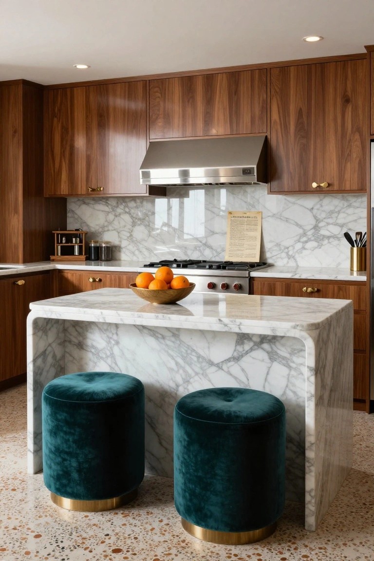 Kitchen with curved white marble island, bookmatched veining on countertop and backsplash, walnut cabinets, stainless steel range hood, gold bowl of oranges, green velvet stools with brass bases, and terrazzo floor.