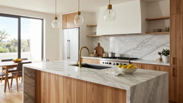 Kitchen with wooden cabinets, white veined marble island featuring waterfall edges, gold faucet, pendant lights over the island, and large windows showing palm trees and greenery outside.