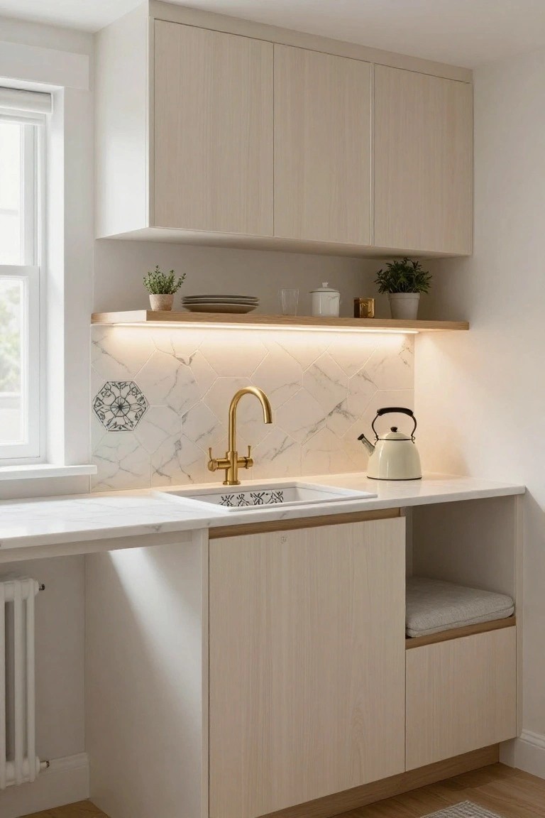 Kitchen with light oak cabinets, white quartz countertop and sink, gold bridge faucet, hexagonal white marble backsplash featuring a central black-line patterned tile, and under-cabinet LED lighting.
