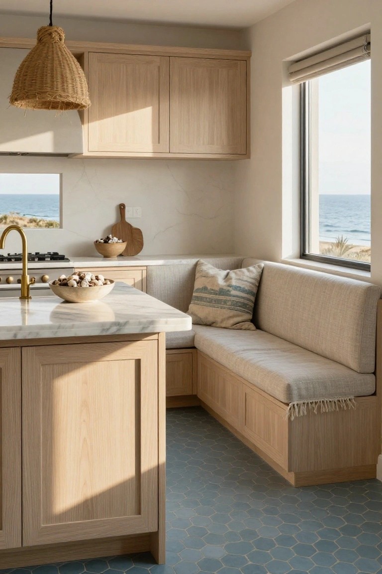 Kitchen corner with light oak cabinets, white veined marble island countertop holding two bowls, built-in beige fabric banquette with pillows, rattan pendant light overhead, and large window overlooking ocean and beach.