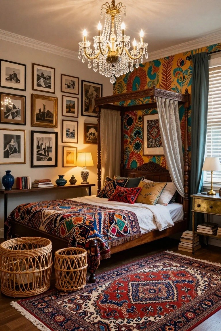 A bedroom with a gold crystal chandelier lit by candle bulbs above a wooden four-poster bed covered in colorful woven blankets, flanked by table lamps, eclectic wallpaper, framed black-and-white photos on walls, and a red Persian rug on the floor.