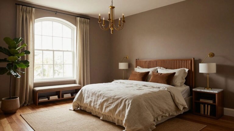 Bedroom with large gold brass chandelier featuring petal-shaped shades hanging above a beige ruffled bed, arched black-framed window with cream curtains, fiddle leaf fig plant, wooden bench, and seagrass rug on wood floor.