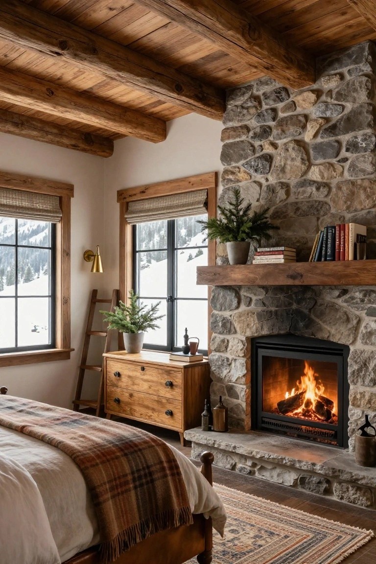 Rustic bedroom with exposed wooden beams, lit stone fireplace, wooden bed draped in plaid blanket, antique dresser with ladder, plants, books on mantel, brass sconce, and large windows showing snowy mountains.