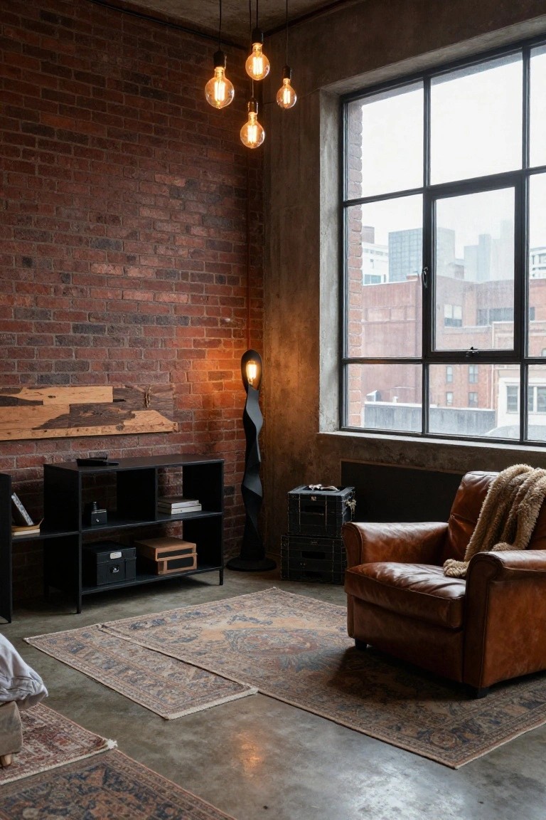 Loft bedroom corner featuring exposed brick walls, large metal-framed windows overlooking city buildings, cluster of hanging exposed-bulb pendant lights, sculptural black floor lamp, black shelving unit, brown leather armchair with sheepskin throw, and layered patterned rugs on polished concrete floor.