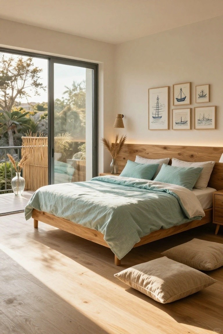 Bedroom interior with light wooden bed, teal linens, nautical ship prints on walls, pampas grass vases, rattan wall lamp, LED glow behind headboard, and sliding glass doors to outdoor balcony with tropical plants.