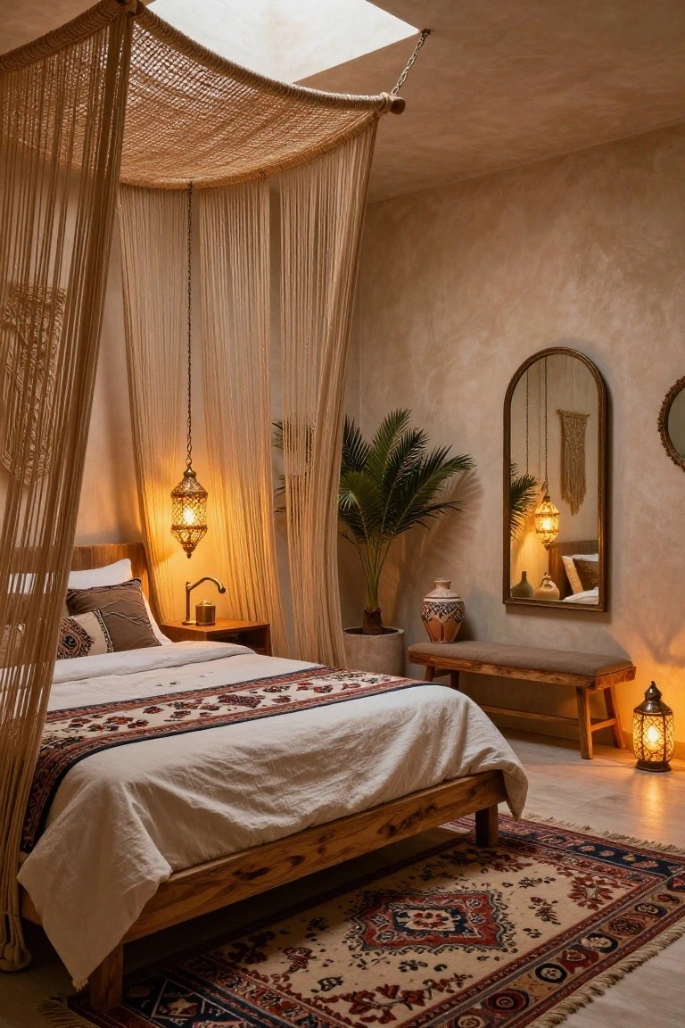 Cozy bedroom with wooden canopy bed draped in beige curtains, multiple hanging brass Moroccan lanterns, bedside lamp, potted palm, arched mirror, bench, and patterned rug on light floor.