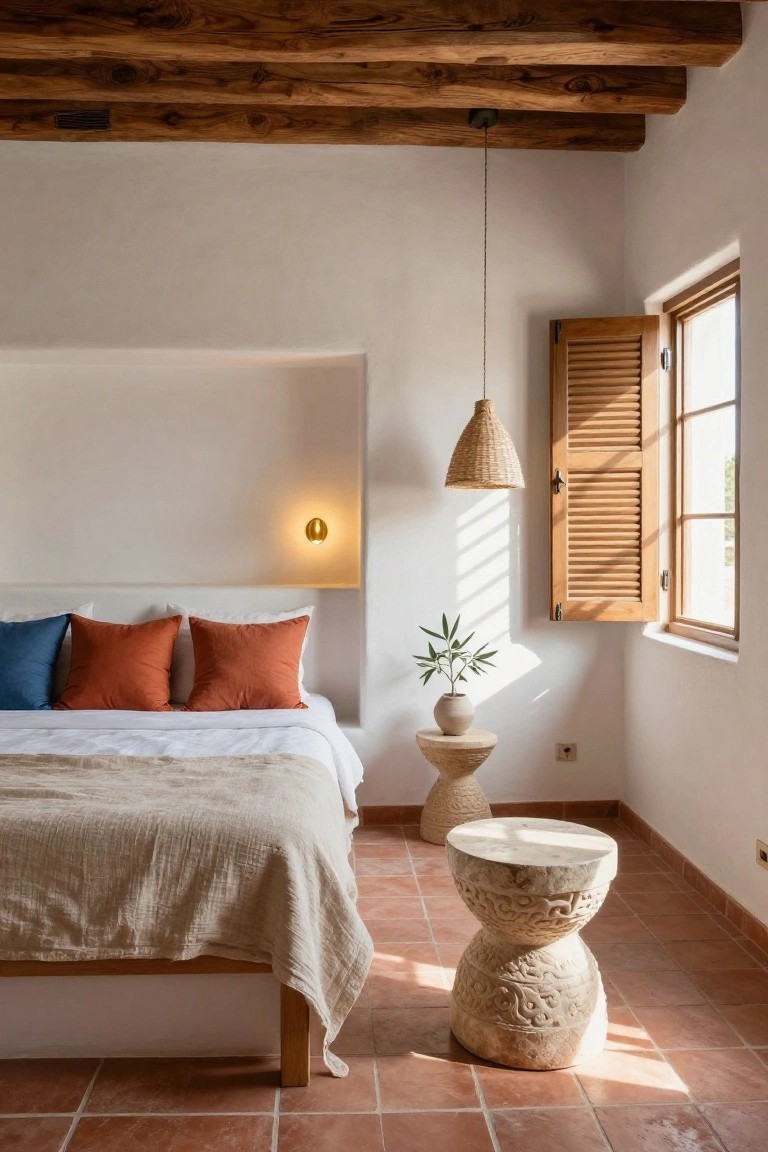 White-walled bedroom with exposed wooden ceiling beams, rattan pendant light, gold wall sconce, bed topped with blue and orange pillows and beige throw, wooden louvered shutters on window, potted plant on side table, carved stone stools, and terracotta tile floor.
