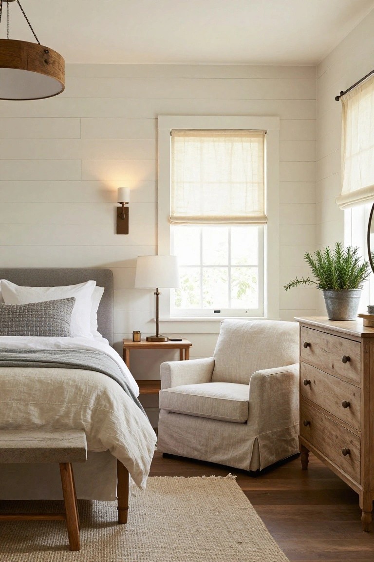 A bedroom with white shiplap walls, gray upholstered bed draped in white linens, wooden drum pendant light overhead, nightstand with lamp, beige armchair, wooden dresser, and sheer shades on windows.