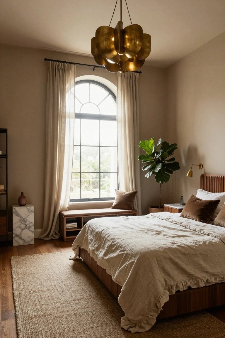 Bedroom with large gold brass chandelier featuring petal-shaped shades hanging above a beige ruffled bed, arched black-framed window with cream curtains, fiddle leaf fig plant, wooden bench, and seagrass rug on wood floor.