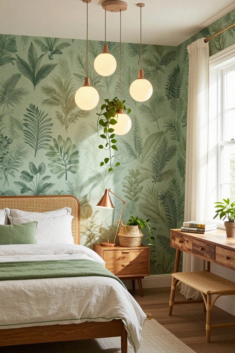 Bedroom with green leafy wallpaper on two walls, rattan headboard bed with white sheets green throw and pillows, wooden nightstand and desk with plants, cluster of four white globe pendant lights hanging from ceiling, copper desk lamp, woven bench, and window with white curtains.
