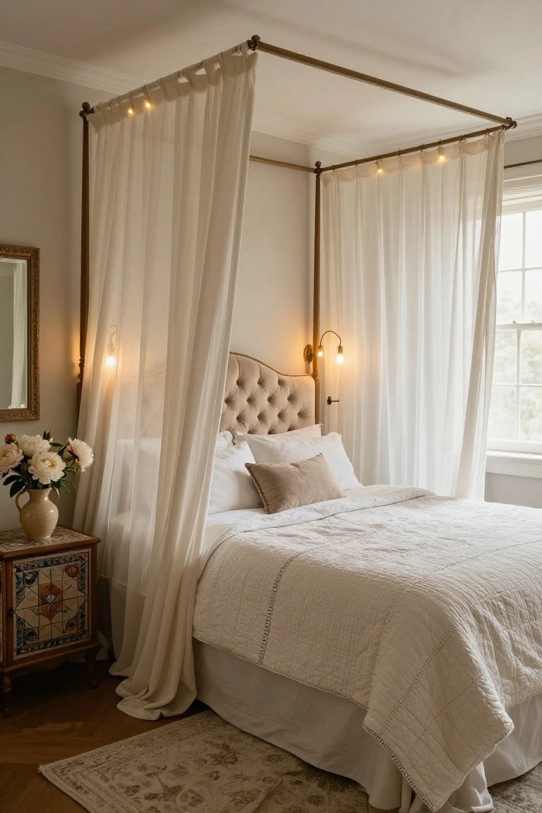 A bedroom with a king-size canopy bed on a brass frame draped in sheer white curtains and string lights, a tufted beige headboard with matching sconces, white bedding, a side table with peonies in a vase, and a window with natural light.
