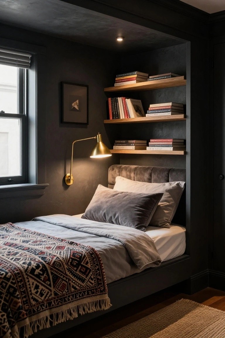 Moody dark bedroom alcove with built-in oak shelves holding books, low platform bed with gray velvet headboard and patterned throw, lit brass swing-arm wall lamp extending from the wall, and window with roller shade.