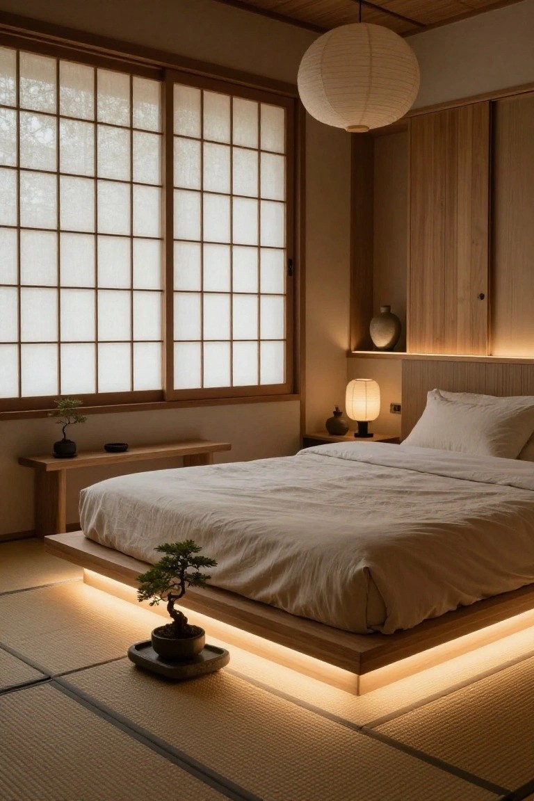 Japanese-inspired bedroom featuring a low wooden platform bed with warm LED strips glowing underneath, shoji screen windows, hanging paper lantern, bedside lamps, bonsai plants, and tatami floor.
