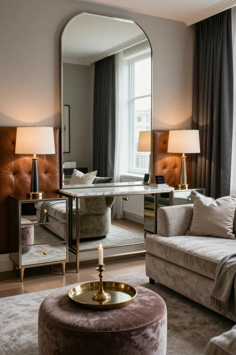 A bedroom corner with a large floor-length arched mirror, marble-top console table with brass accents, two brass table lamps on mirrored nightstands with leather panels, a gray upholstered sofa, pink velvet pouf, and neutral rug.