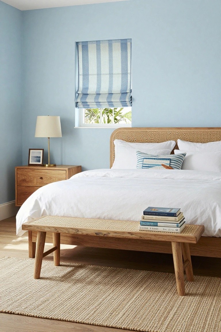 Light blue bedroom featuring a rattan headboard bed with white linens, wooden nightstand with lamp and photo frame, blue and white striped roman shade on window overlooking palms, wooden bench with rattan seat and stacked books at bed foot, and seagrass rug on wood floor.