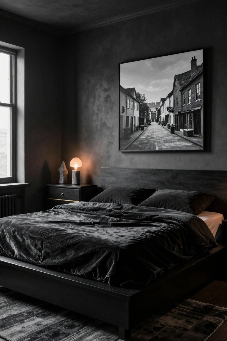 A moody bedroom interior with dark textured walls, a black wood platform bed covered in black velvet bedding, a black nightstand with stone lamp and sculpture, a radiator, and a large framed black-and-white photograph of a cobblestone street on the wall.