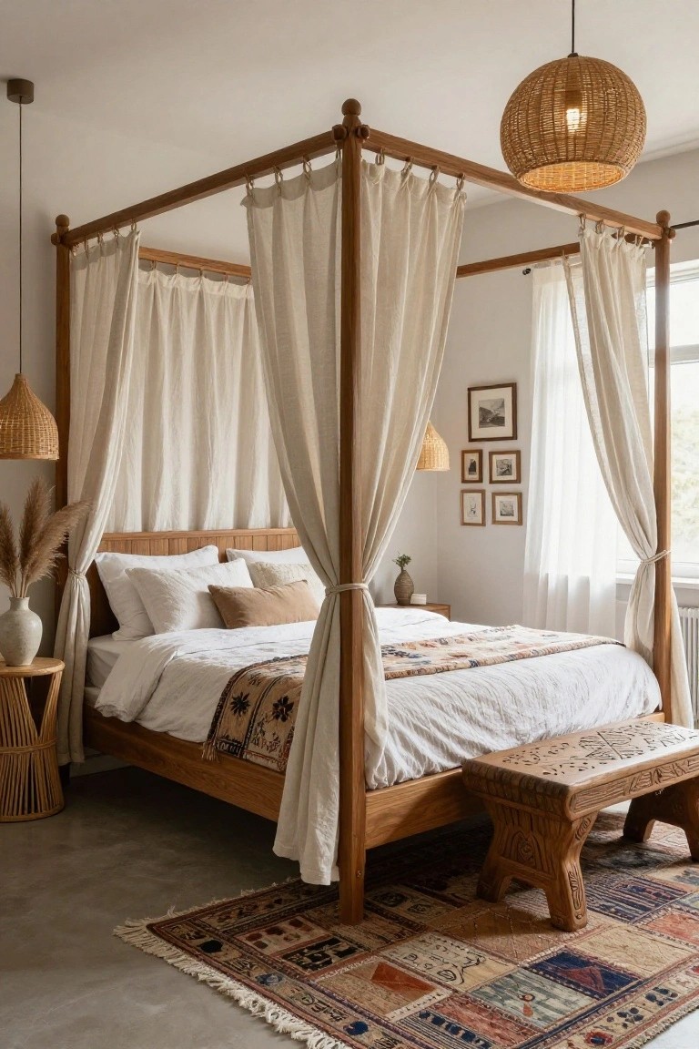 Bedroom with light wooden four-poster bed draped in sheer white curtains, rattan pendant lights hanging above, pampas grass in vase beside bed, wooden side table, bench at foot, and colorful patterned rug on concrete floor.