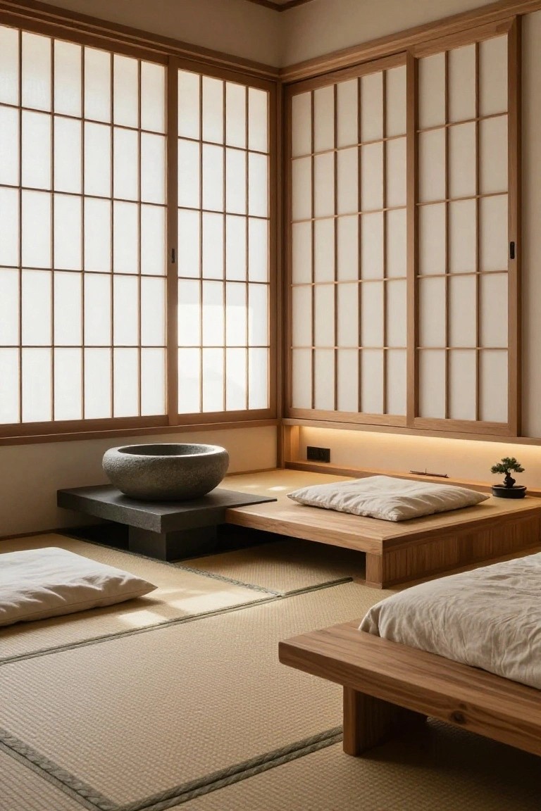 A minimalist Japanese-style bedroom with tatami mat flooring, shoji screen walls and windows, low wooden platform bed with white linens, floor cushions, black platform table holding a stone basin, and bonsai plant on a low wooden table.