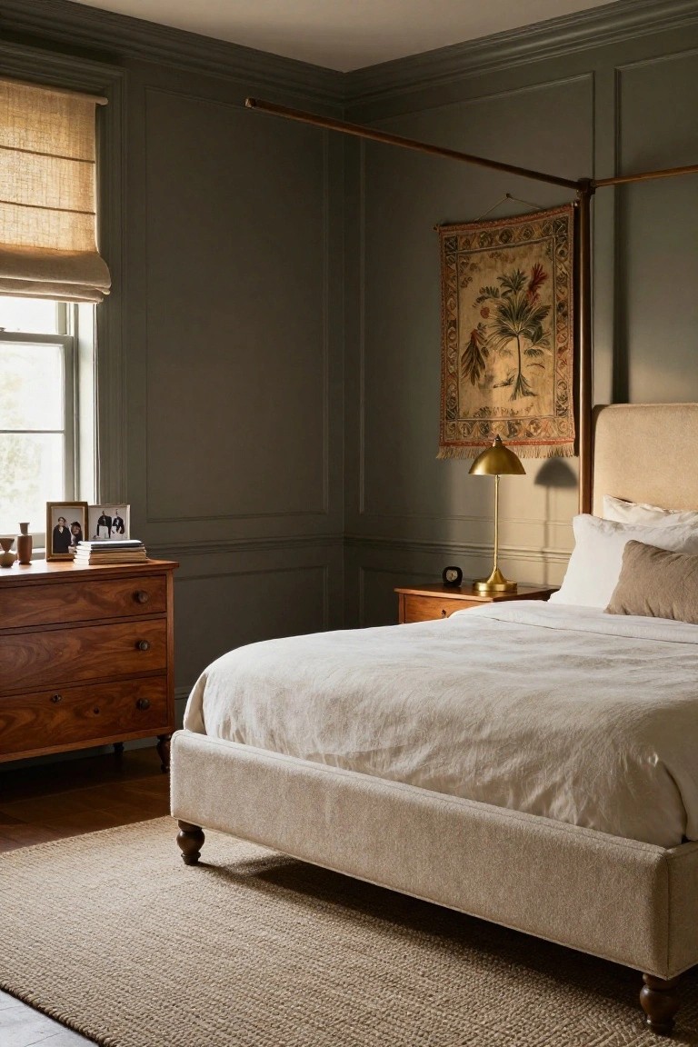 Corner view of a sage green paneled bedroom with a beige upholstered bed on turned legs, wooden dresser with brass pulls, wooden nightstand holding a gold lamp, clock, and stacked books, plus a tapestry on the wall and bamboo shade at the window.