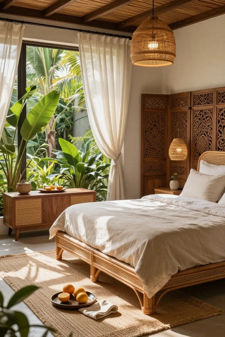 Sunlit bedroom with rattan bed frame and headboard, wooden cabinets featuring cane inserts, white bedding, sheer curtains on large windows showing tropical plants outside, woven pendant lights, and oranges on a tray.