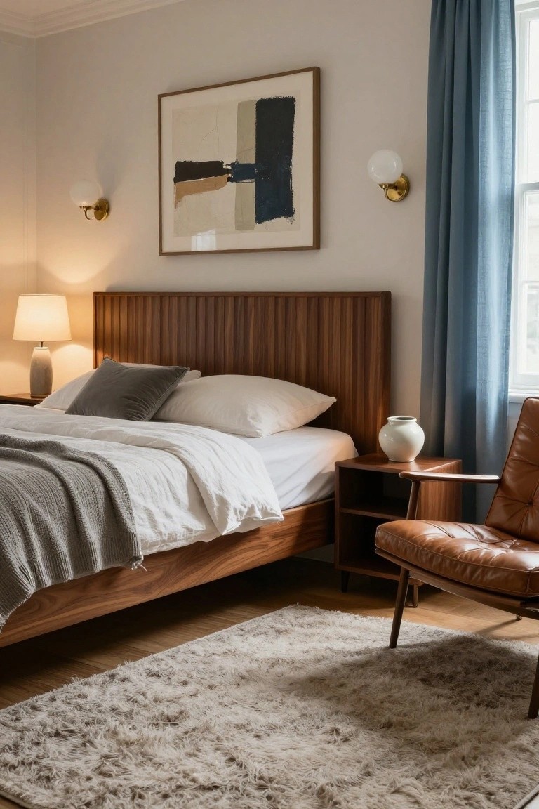 Bedroom with tall bed featuring vertical slatted walnut wood headboard, white bedding with gray throw and velvet pillows, wooden nightstand holding ceramic vase and lamp, Eames-style orange leather armchair, abstract geometric artwork on wall, beige shag rug on wood floor.