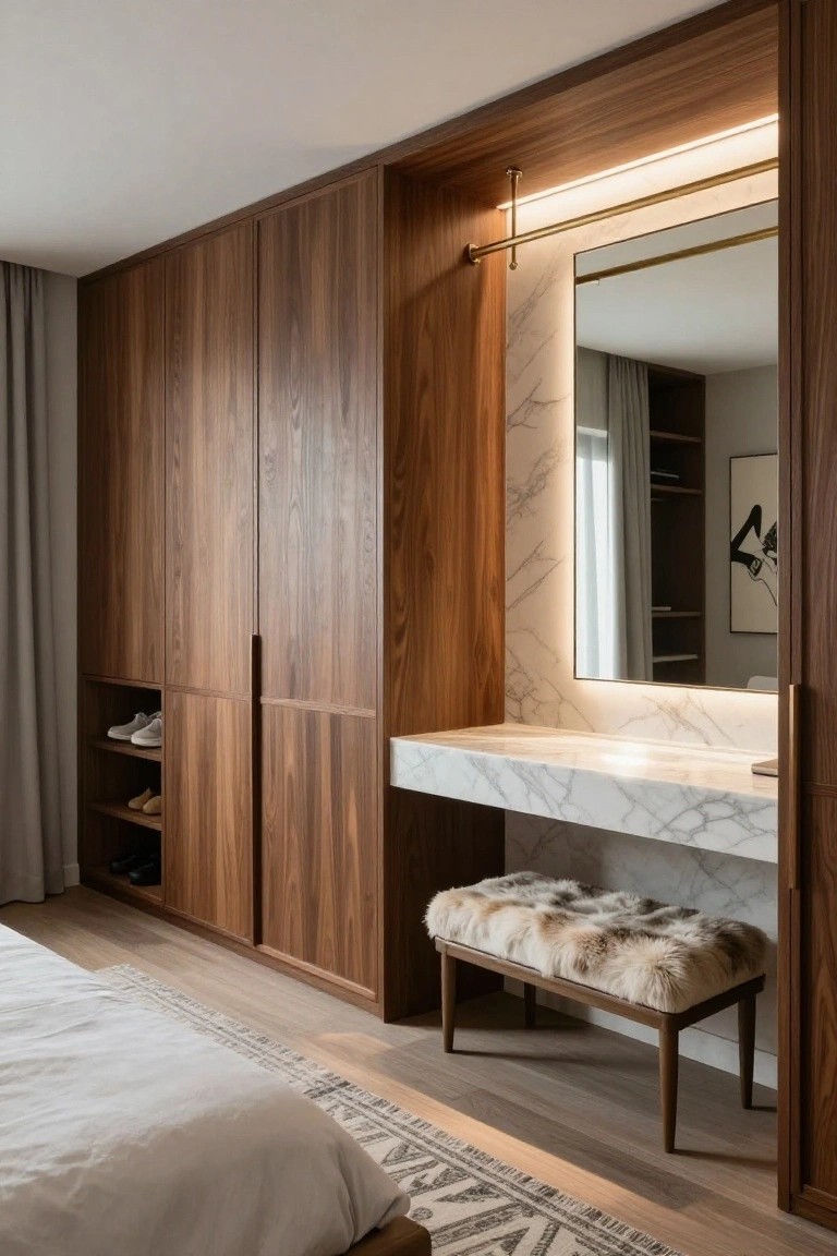 Bedroom interior with floor-to-ceiling walnut wardrobes, integrated white marble vanity with backlit mirror, fur ottoman, shoe niches, and bed in foreground.