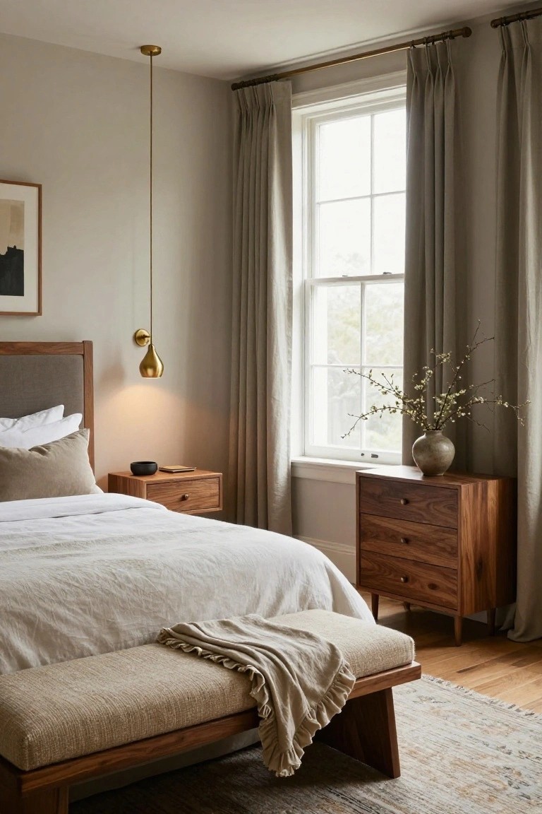 Bedroom with wooden bed frame, nightstand, three-drawer dresser, and bench at foot, white and beige linens, large windows with beige curtains, gold pendant lights, and hardwood floors.