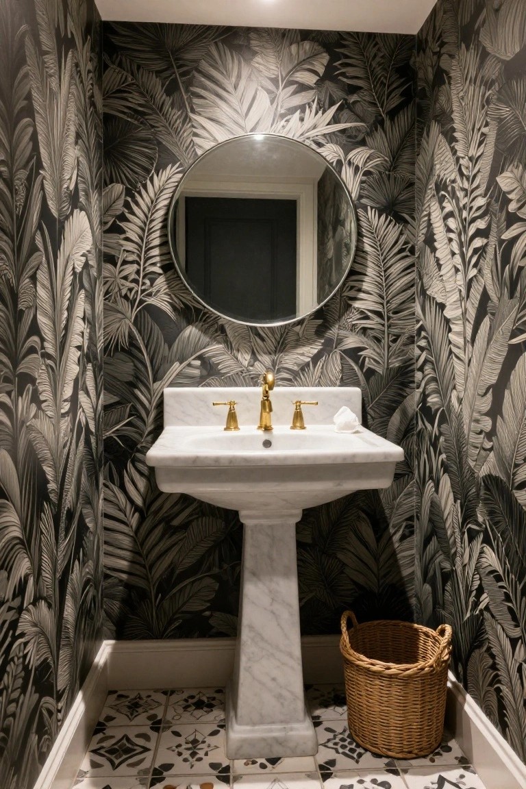 Small powder room with black and gray palm leaf wallpaper on all walls, round mirror above a white marble pedestal sink with gold faucets, wicker wastebasket, and black and white patterned floor tiles.