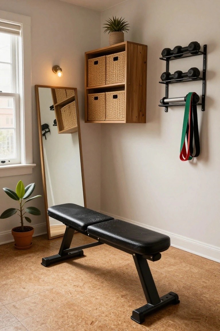 Small indoor room set up as a home gym with black adjustable weight bench on cork floor, wall-mounted black dumbbell rack holding three pairs of weights, green red and black resistance bands hanging nearby, full-length wood-framed mirror, wooden wall shelves with wicker baskets, potted plants, and wall lamp.