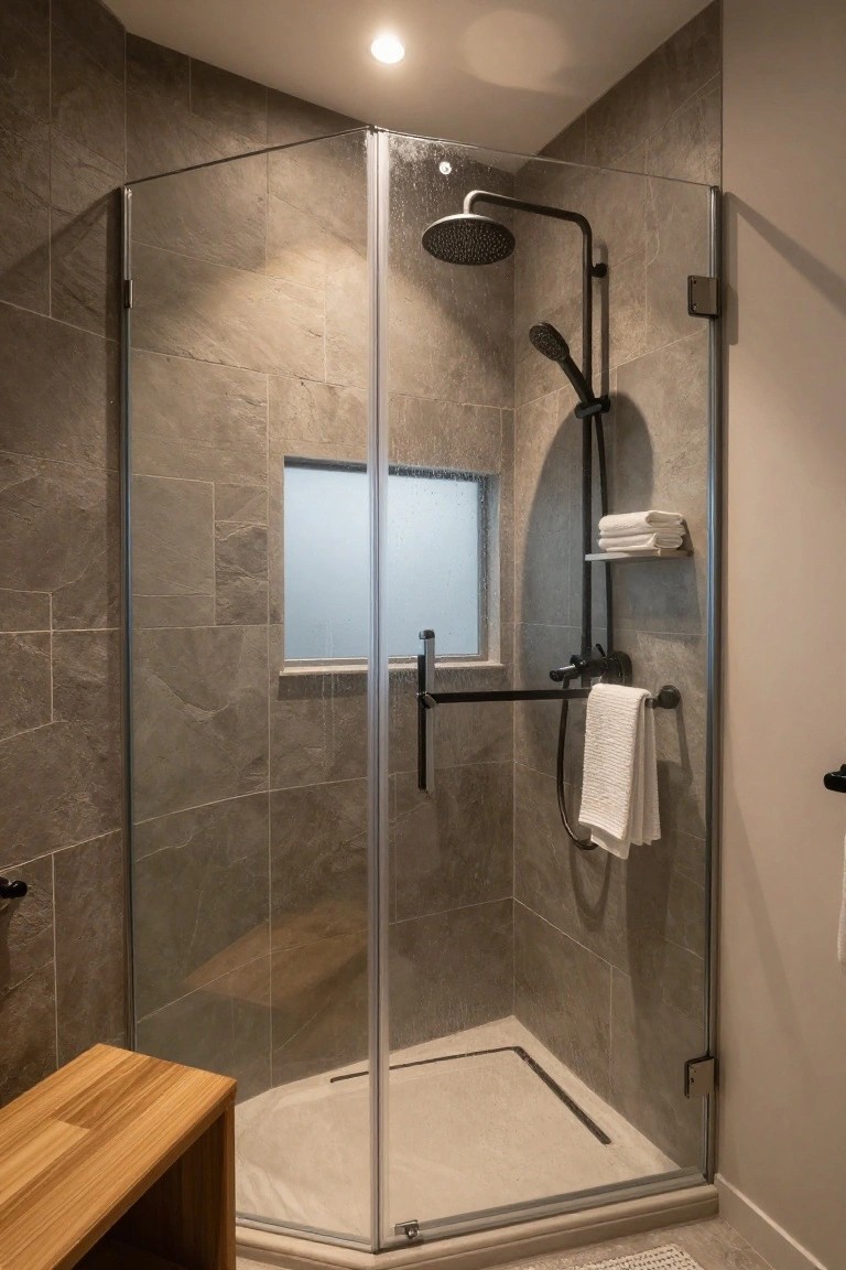 Corner frameless glass shower enclosure with black rainfall showerhead, handheld sprayer, towel shelves, and adjacent wooden bench in gray tiled bathroom.